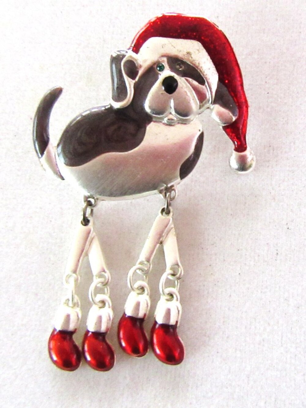 Christmas silver tone puppy brooch with sparkly red enamel hat & boots